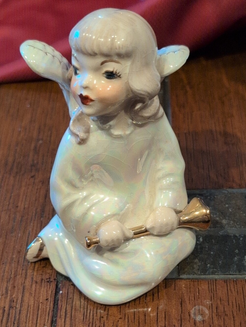 Vintage Porcelain Iridescent White Angel Figurine with Gold Horn Holland Mold